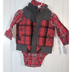 NEW CARTER'S SPECIAL OCCASION 3Pc Red Plaid Gray12M Button 1 Pc, Vest, Bow Tie